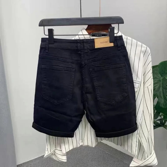 Jeans slim de style coréen pour hommes, vêtements de cow-boy de luxe, jeans en denim pour hommes, short en cuir noir, nouvelle arrivée, mode estivale, 2023