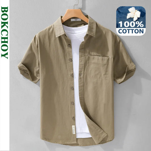 Chemises à manches courtes en pur coton pour hommes, Streetwear fin et doux, Vêtements décontractés, Nouveau, Été, FY723