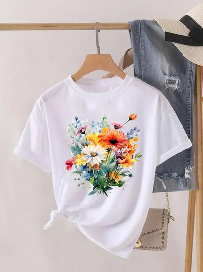Tendance fleur Style mignon à manches courtes femmes imprimer femme chemise mode vêtements graphiques T-shirts vêtements dame t-shirt décontracté
