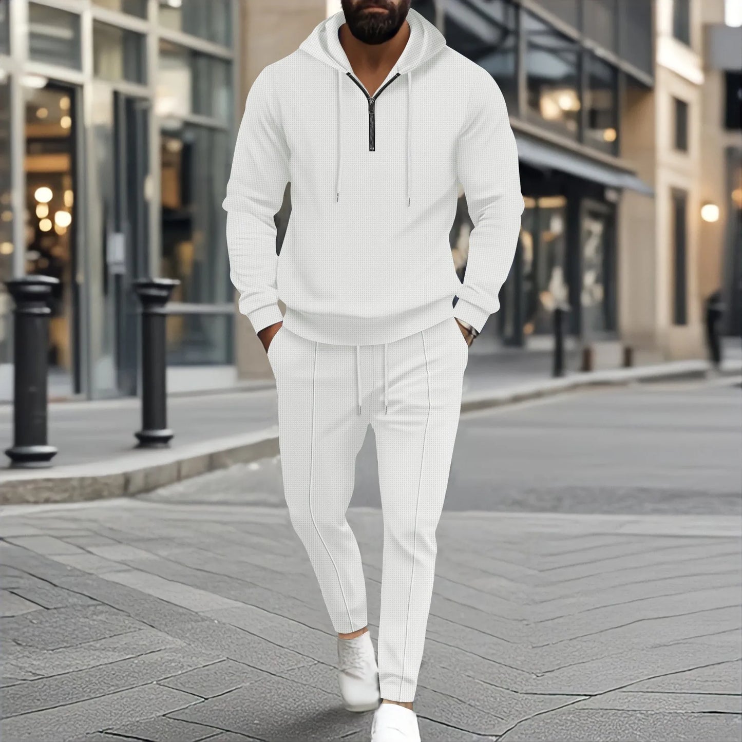 2025 nouveau printemps et automne hommes décontracté gaufre couleur unie petite fermeture éclair à capuche à manches longues paire pantalon deux hommes costume