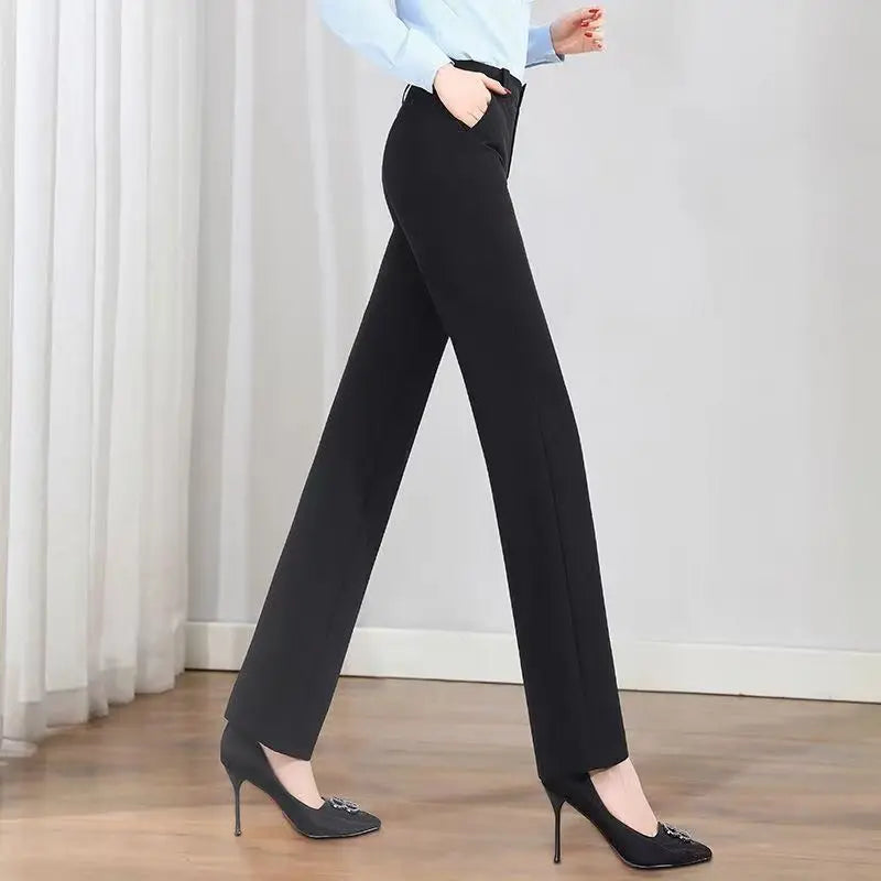 Pantalon de bureau pour femmes, coupe droite, ample, couleur unie, bouton assorti, fermeture éclair, taille haute, poches, crayon, printemps automne