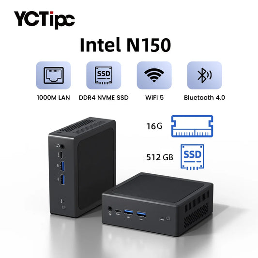YCTipc Intel N150 Mini PC de jeu Windows 11 Pro Mini PC DDR4 8GB/16GB 1000M M.2 2280 SSD VGA Tri-affichage ordinateur de bureau