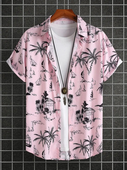 Chemise hawaïenne d'été à manches courtes pour hommes, motif de feuilles tropicales, boutonnée, revers