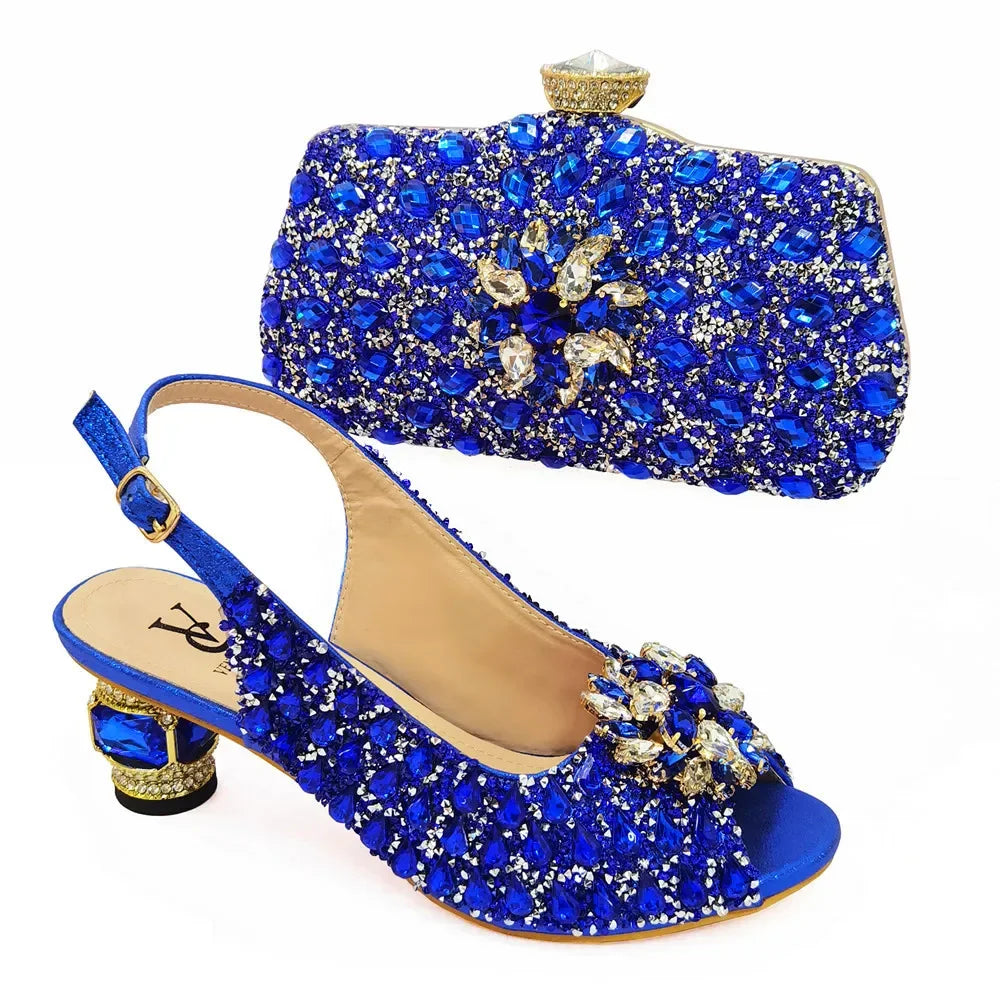 Ensemble de chaussures et de sacs en cuir italien pour femmes, couleur bleue, avec sac assorti, style nigérian, pour fête, 2022