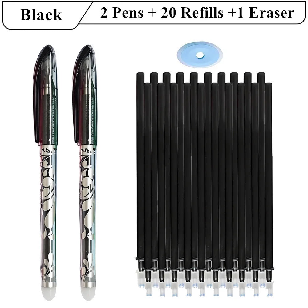 2 stylos Gel effaçables + 20 recharges + 1 gomme, encre magique de 0.5mm en noir bleu rouge vert,