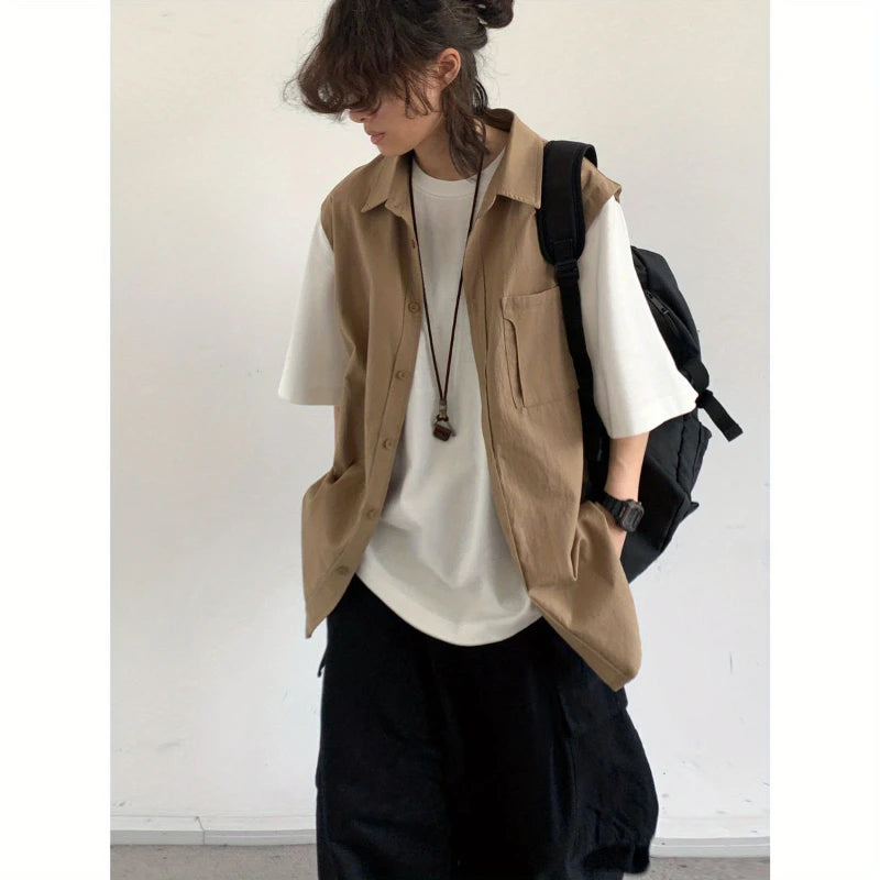 Ensemble deux pièces patchwork japonais pour hommes, chemises et pantalons cargo à manches courtes, faux deux demi-manches, poches, décontracté, couple, été