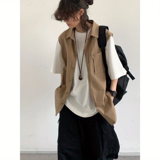 Ensemble deux pièces patchwork japonais pour hommes, chemises et pantalons cargo à manches courtes, faux deux demi-manches, poches, décontracté, couple, été