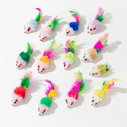 Fausse souris en fourrure de lapin, plume arc-en-ciel, jouets amusants pour chaton