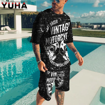 YUHA – ensemble t-shirt manches courtes pour hommes, vêtements d'été pour hommes, impression de squelette Terrible en 3D, Short décontracté, survêtement masculin 2 pièces, nouvelle collection