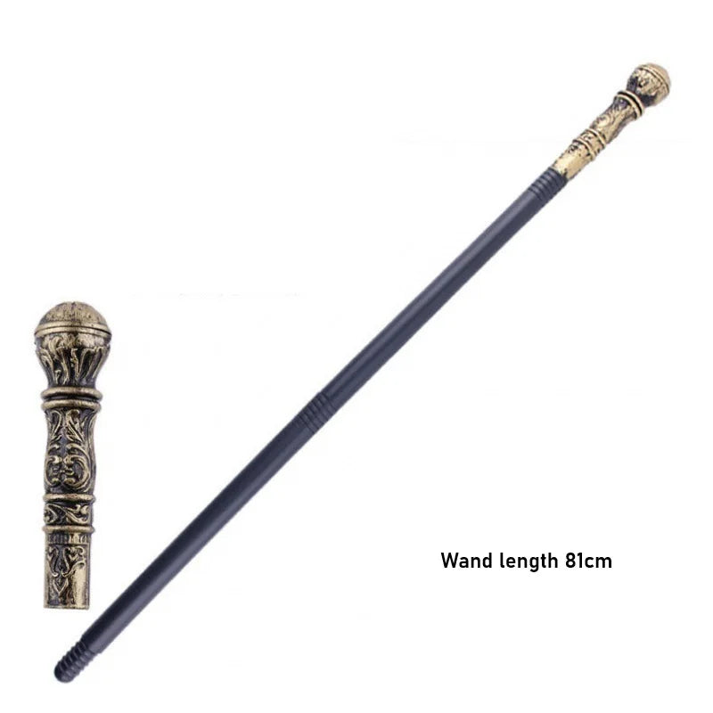 Cosplay d'Halloween : un costume de spectacle sur scène médiéval avec un coupe-vent fendu, un chapeau et un sceptre pour un banquet de palais