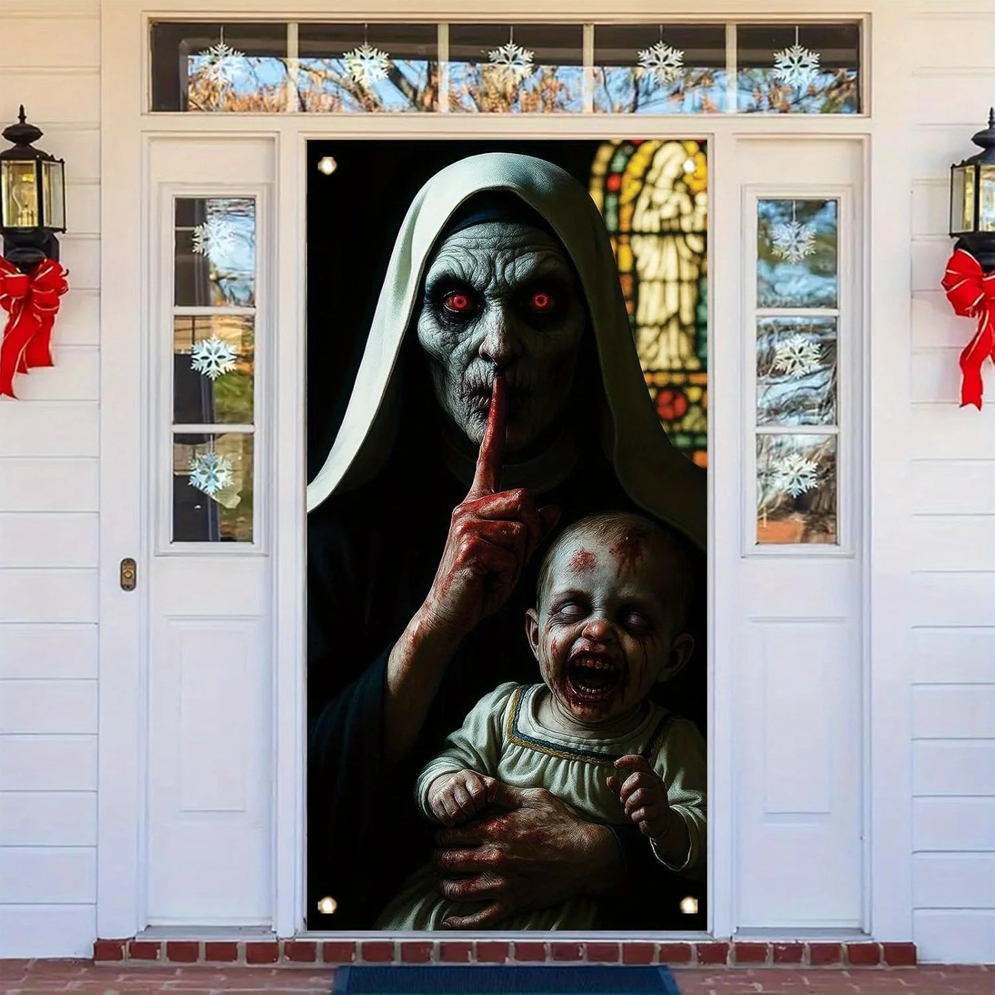 Une décoration de porte d'Halloween, un bannière terrifiuse zombie, monstres eerie, un rideau de porte d'entrée, des décorations terrificantes