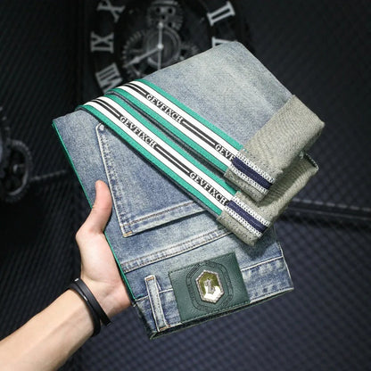 Jeans de luxe à rayures bleues pour hommes, haut de gamme, léger, polyvalent, coupe couvertes, skinny, déchiré, fjny, rue, printemps, 2024