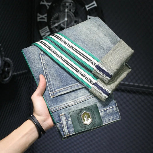 Jeans de luxe à rayures bleues pour hommes, haut de gamme, léger, polyvalent, coupe couvertes, skinny, déchiré, fjny, rue, printemps, 2024