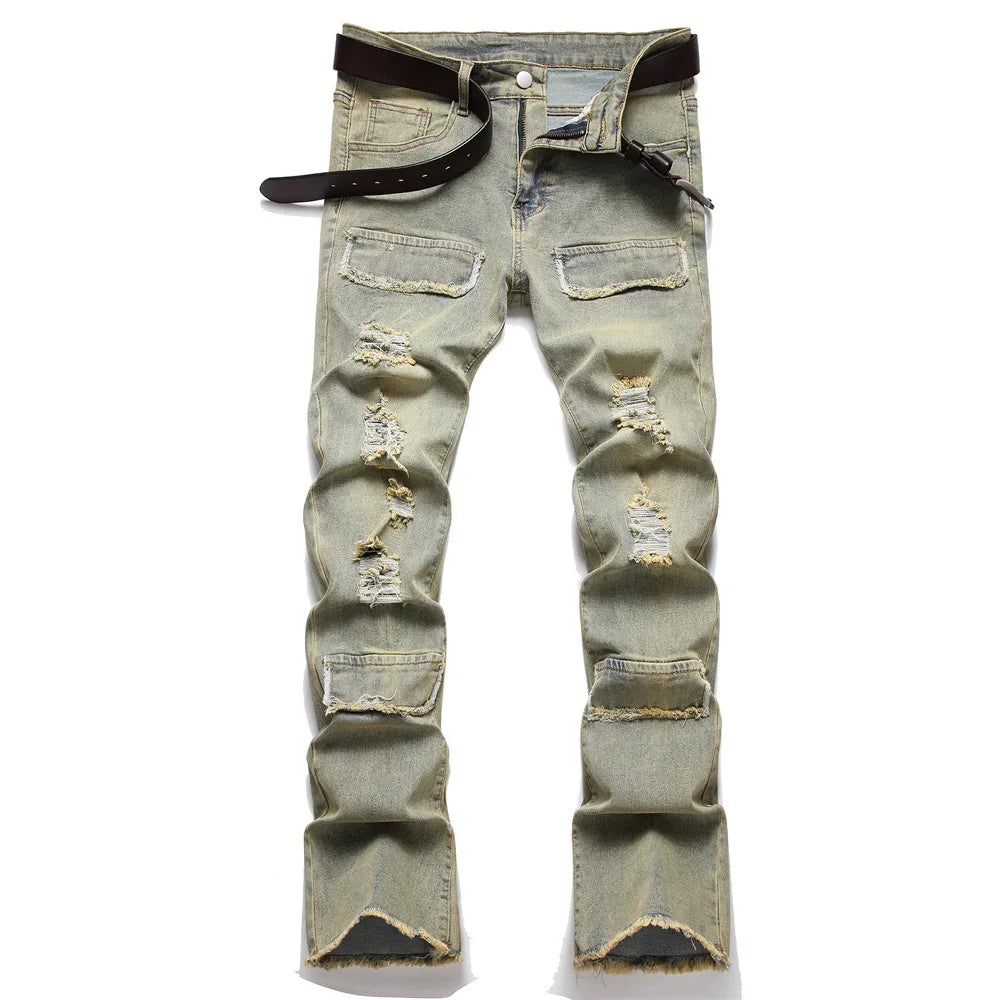 Style rétro trous hommes maigre Biker jean pantalon mode rue Hiphop mâle mince Stretch Jogging Denim pantalon