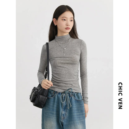 CHIC VEN femmes T-Shirts mince nouveau quatre couleurs en option tricoté basique femme pull femme T-Shirts printemps automne 2025