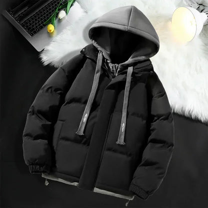 Hommes à capuche coton Coat2024 nouveau décontracté à capuche faux deux pièces conception vers le bas coton chaud Parka Style coréen épais hommes veste d'hiver
