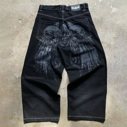 Ins-Pantalon droit en coton noir pour hommes et femmes, Jeans College de motifs de personnalité sombre, High Street Couple, Automne, Hiver, Nouveau