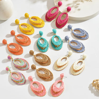 Boho tendance fait à la main Double couche ovale en raphia boucles d'oreilles pour les femmes élégant rotin tricot boucles d'oreilles bijoux d'été cadeaux