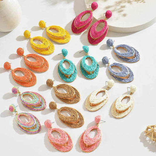 Boho tendance fait à la main Double couche ovale en raphia boucles d'oreilles pour les femmes élégant rotin tricot boucles d'oreilles bijoux d'été cadeaux