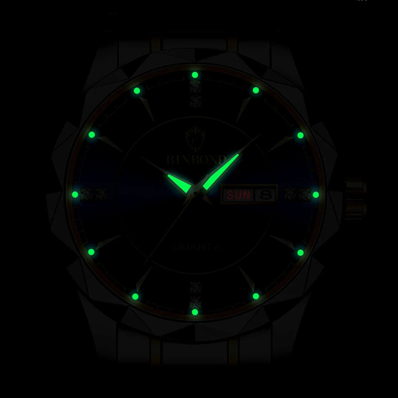 BINBOND montres  en acier inoxydable montre à Quartz étanche lumineux Date