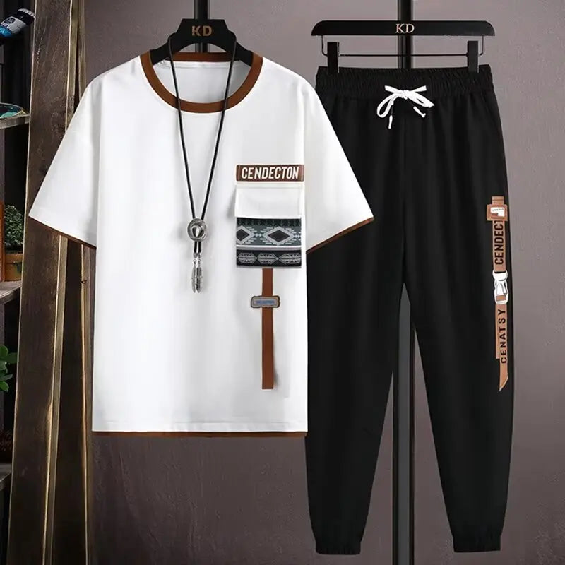 Ensemble de jogging pour hommes, tenue de mode coréenne, t-shirt imprimé, pantalon cargo multi-poches, ensemble de 2 pièces, vêtements Mne d'été, nouveau, 2024