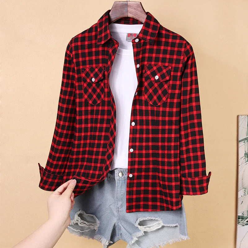Nouvelles chemises à carreaux pour femmes M-5XL chemisier en coton pour femmes à manches longues chemise à carreaux Slim col rabattu chemisiers pour femmes chemises