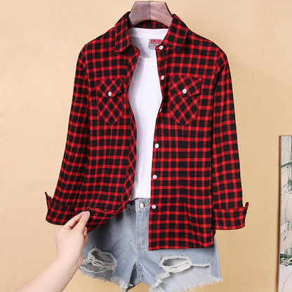 Nouvelles chemises à carreaux pour femmes M-5XL chemisier en coton pour femmes à manches longues chemise à carreaux Slim col rabattu chemisiers pour femmes chemises