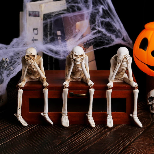 Statues d'Halloween Voir parlez entendre pas mal Figurine de squelette Décorations de crâne réalistes Statues de crâne Halloween Gothique Décor à la maison