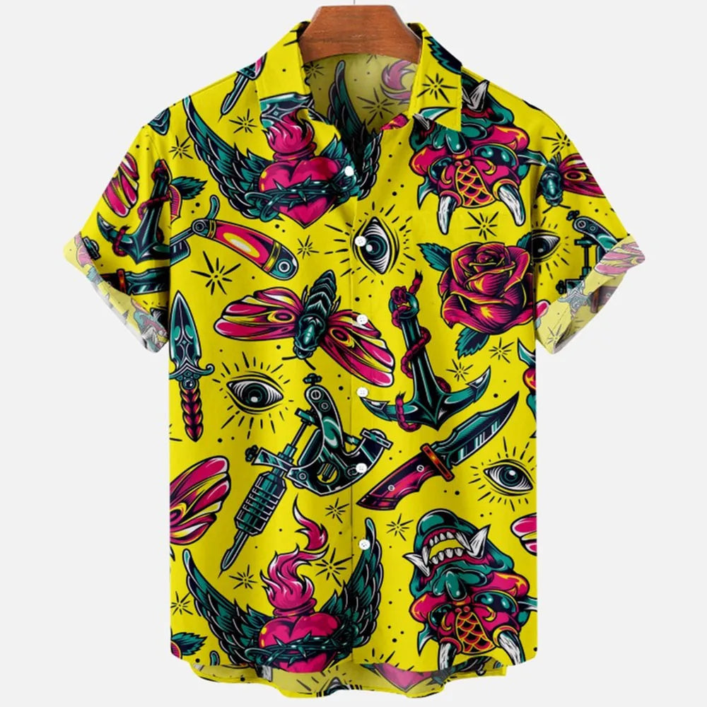 Chemise hawaïenne à manches courtes pour hommes, vêtements amples et respirants, imprimé diable horreur en 3d, été, 2024