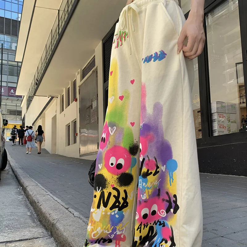 Pantalon décontracté Kawaii Dopamine Graffiti pour femme, taille haute élastique, poches Wstring, jambe large, été
