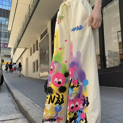 Pantalon décontracté Kawaii Dopamine Graffiti pour femme, taille haute élastique, poches Wstring, jambe large, été