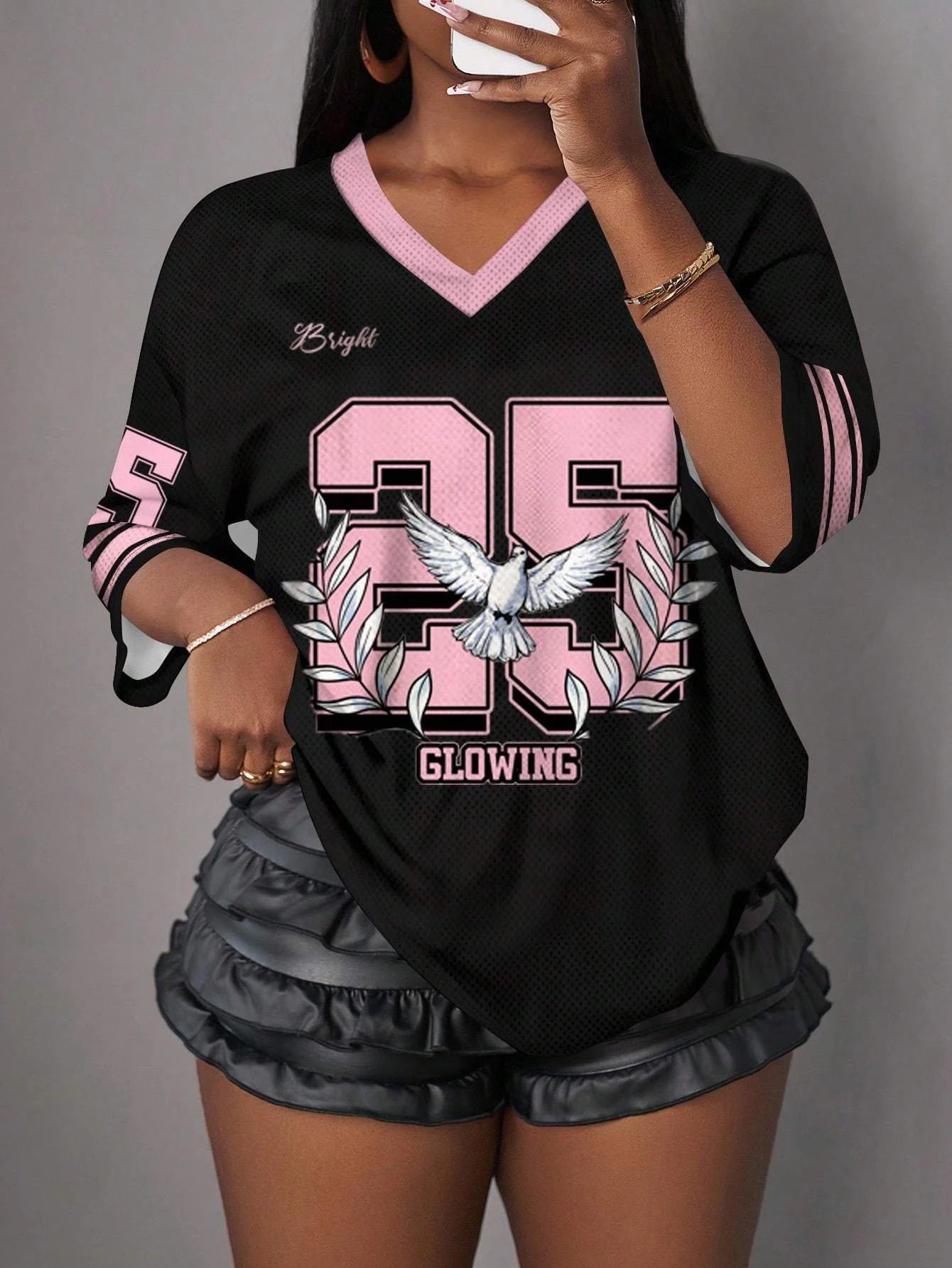 N° pour femme. 25 imprimé col en v à manches courtes trou maille T-Shirt été T-Shirt maillots de Baseball grande taille hommes Sport T-Shirt
