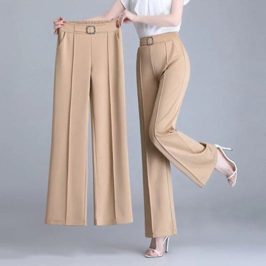 Pantalon à Jambes Larges pour Femme, Slim Ice, artificiel astique, Taille Haute, Poches, Droit, Polyvalent, Court, Printemps, Été, Nouveau