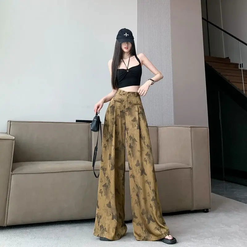 Pantalon drapé en Satin papillon noir pour femme, ample et à la mode, jambes larges, taille haute, Slim, décontracté, printemps et été