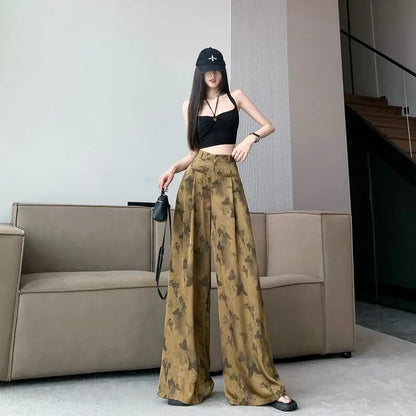 Pantalon drapé en Satin papillon noir pour femme, ample et à la mode, jambes larges, taille haute, Slim, décontracté, printemps et été