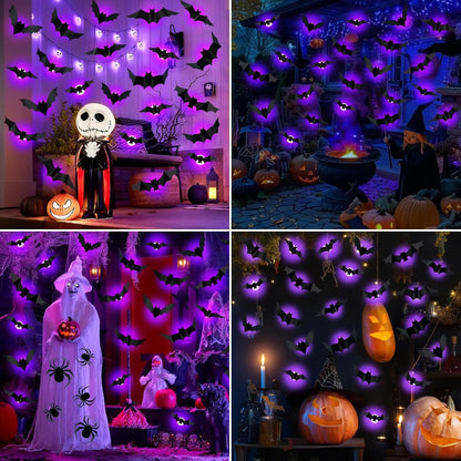 Décoration de chauve-souris d'halloween, veilleuse avec lumières violettes, autocollant mural 3D pour décoration auto-adhésive, jardin, arrière-cour, décor de fête d'halloween