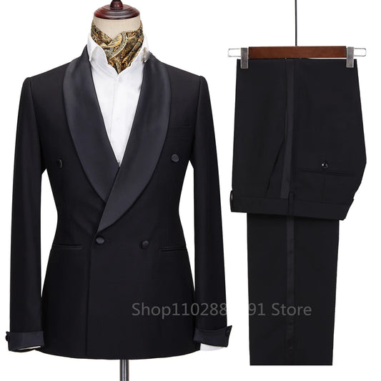 Smoking à revers en satin noir imbibé pour hommes, double boutonnage, châle de mariage, costume de fête, vêtements pour hommes, marié, nouveau, 2024, 2 pièces