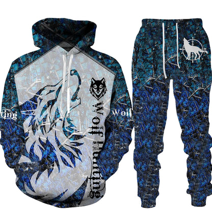 Ensemble de pantalons de survêtement et sweat à capuche College en 3D pour hommes, survêtement surdimensionné, streetwear imbibé, vêtements de sport, motif animal loup, hiver, automne
