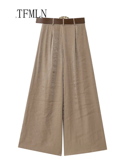 TFMLN mode femmes solide jambe large pantalon avec ceinture 2025 été Chic casual fermeture éclair pantalon complet Simple femme haute rue pantalon