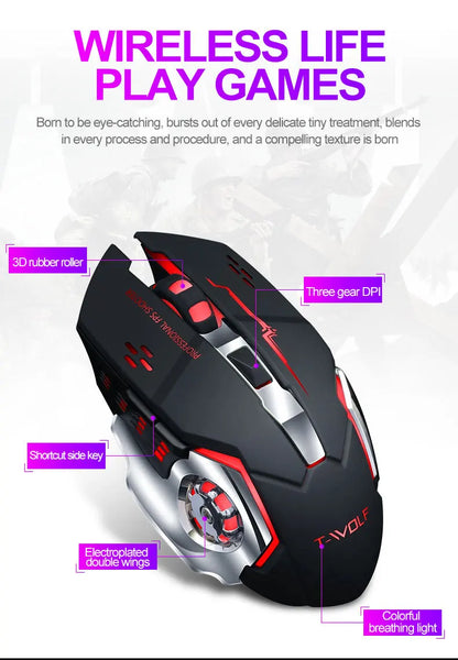 Souris de jeu sans fil 6 touches Rétroéclairage RVB Souris de jeu Bluetooth 2.4G Connexion USB Double mode Batterie rechargeable 3 niveaux DPI T-WOLF Q13 Clic silencieux Conception ergonomique