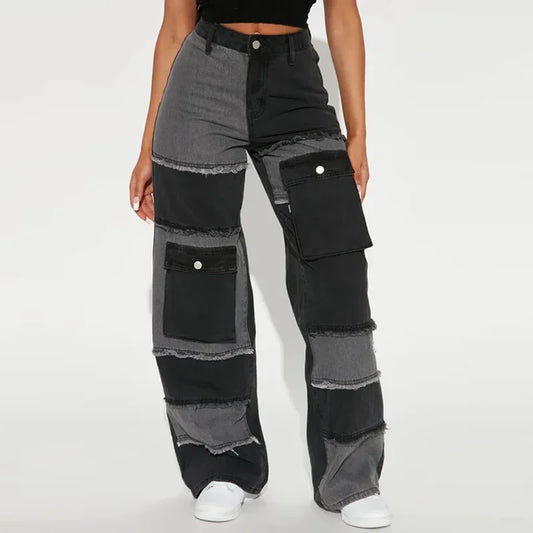 Jean Droit à Jambes Larges en Denim pour Femme, Pantalon Patchwork, Taille Haute, Poches, Bouton, Vintage, FjStrecth Denims, Automne 2025