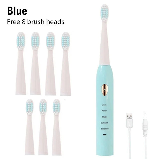 Brosse à dents électrique sonique, cheveux doux, étanche IPX7, Mode 5 vitesses, minuterie de blanchiment, chargement USB, pour adultes, 4 couleurs