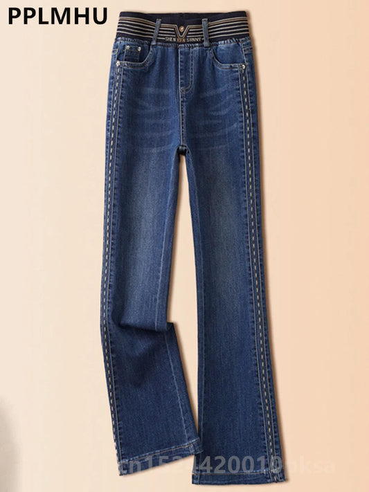 Jean évasé élastique taille haute pour femme, pantalon en denim skinny, vintage, coréen, grandes tailles 4XL, longueur de rinçage
