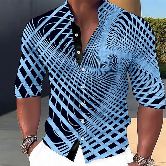 Chemise à boutons à motif géométrique pour hommes, manches longues, mode rue, extérieur, décontracté, quotidien, été, printemps et automne, col montant imprimé
