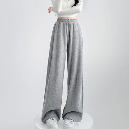 Pantalon de survêtement taille haute pour femme, noir et gris, taille élastique, jambes larges, confortable, droit, ample, Sport, printemps automne