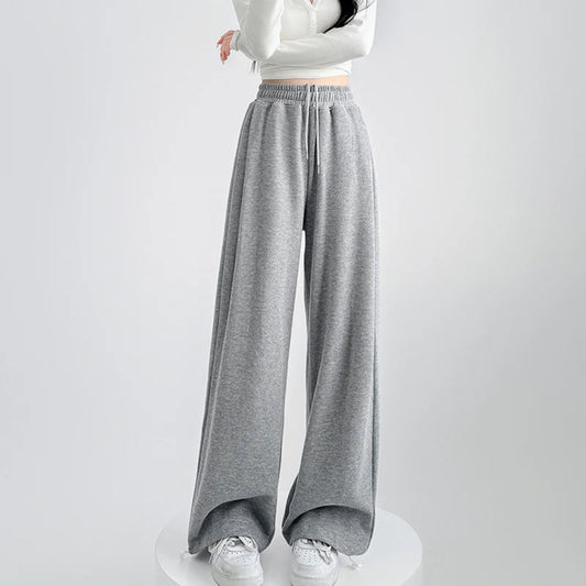 Pantalon de survêtement taille haute pour femme, noir et gris, taille élastique, jambes larges, confortable, droit, ample, Sport, printemps automne