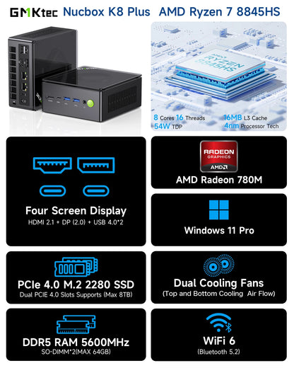 GMKtec K8 Plus Mini PC AMD R7 8845HS 8 cœurs 16 threads DDR5 5600Mhz Pcie 4.0 SSD WIFI6 BT5.2 Win11 Pro ordinateur de jeu de bureau