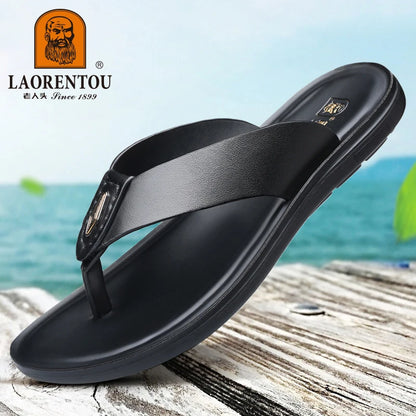 LAORENTOU-Pantoufles en cuir véritable pour hommes, tongs à clipser, sandales pour hommes, semelle souple en cuir de cercle, anti-ald, version coréenne