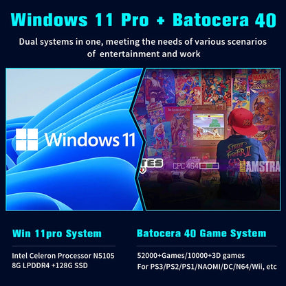Console de jeu vidéo rétro WIN 11 Pro, Batocera OS N100, MINI PC Box, disque dur 2 To, 52000 + jeux, 80 + émulateurs pour PS3, PS2, PS1, WII