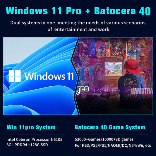 Console de jeu vidéo rétro WIN 11 Pro, Batocera OS N100, MINI PC Box, disque dur 2 To, 52000 + jeux, 80 + émulateurs pour PS3, PS2, PS1, WII